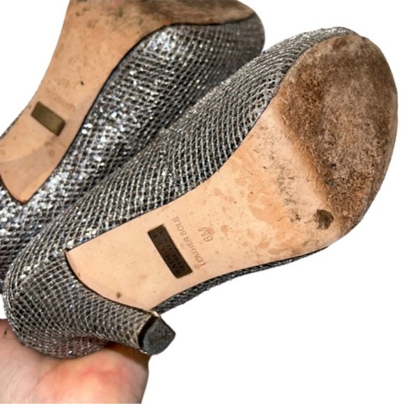 Badgley Mischka HOLIDAY Metallic Silver super sparkly peep toe heels 6 e… - Picture 8 of 8
